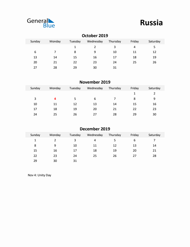 Printable Quarterly Calendar with Notes and Russia Holidays- Q4 of 2019