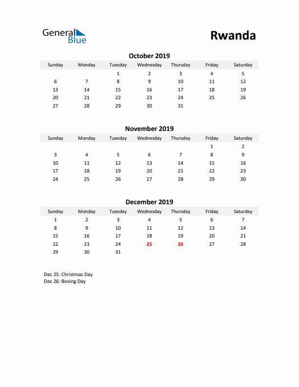 Printable Quarterly Calendar with Notes and Rwanda Holidays- Q4 of 2019