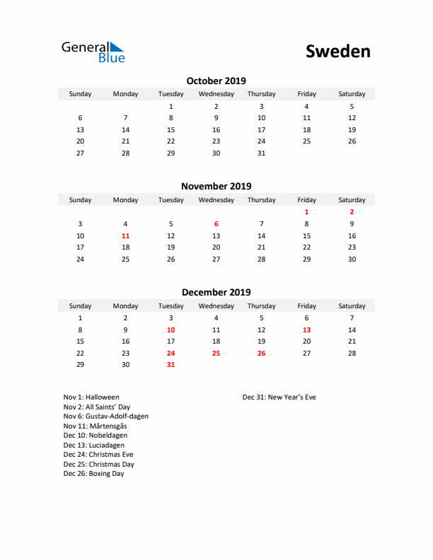 Printable Quarterly Calendar with Notes and Sweden Holidays- Q4 of 2019