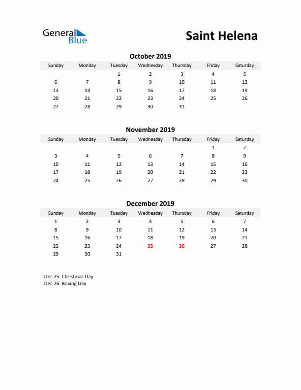 Printable Quarterly Calendar with Notes and Saint Helena Holidays- Q4 of 2019