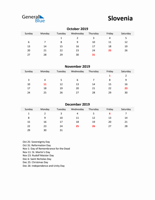 Printable Quarterly Calendar with Notes and Slovenia Holidays- Q4 of 2019