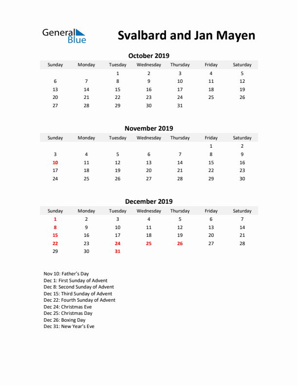 Printable Quarterly Calendar with Notes and Svalbard and Jan Mayen Holidays- Q4 of 2019