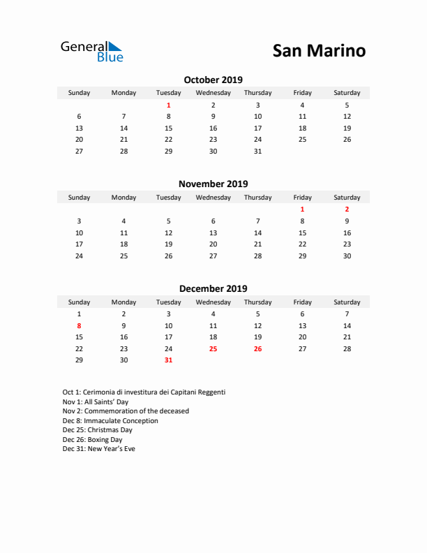 Printable Quarterly Calendar with Notes and San Marino Holidays- Q4 of 2019