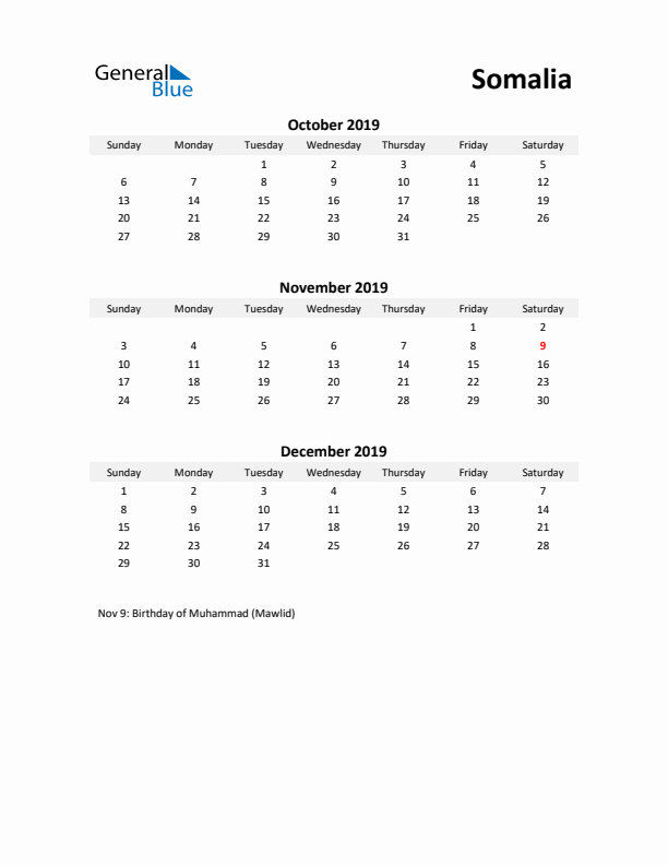 Printable Quarterly Calendar with Notes and Somalia Holidays- Q4 of 2019