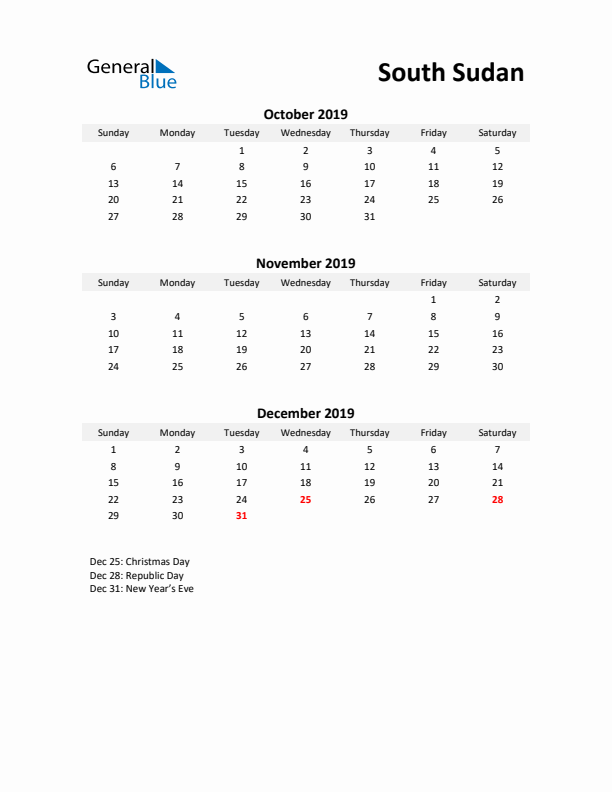 Printable Quarterly Calendar with Notes and South Sudan Holidays- Q4 of 2019