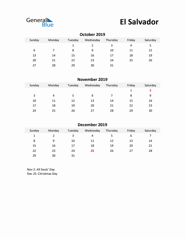 Printable Quarterly Calendar with Notes and El Salvador Holidays- Q4 of 2019