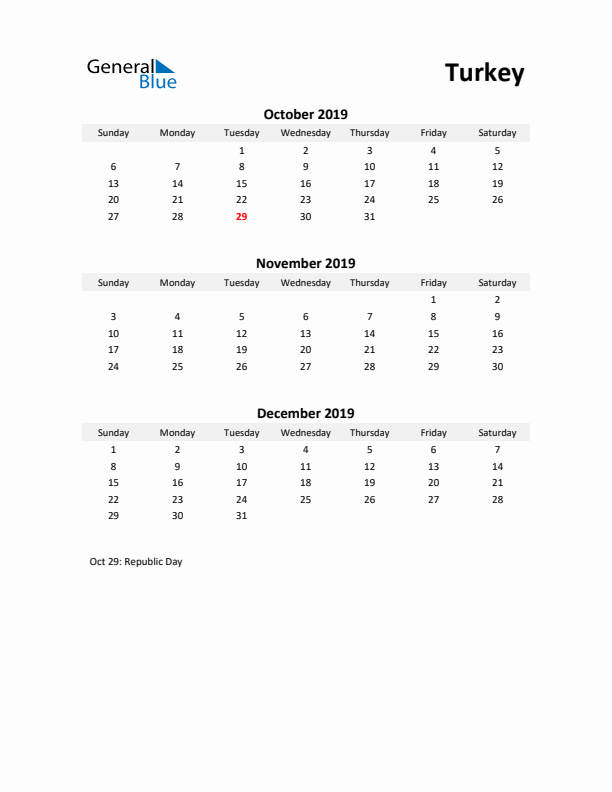 Printable Quarterly Calendar with Notes and Turkey Holidays- Q4 of 2019