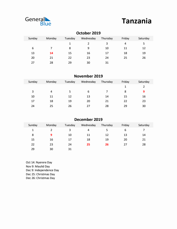 Printable Quarterly Calendar with Notes and Tanzania Holidays- Q4 of 2019