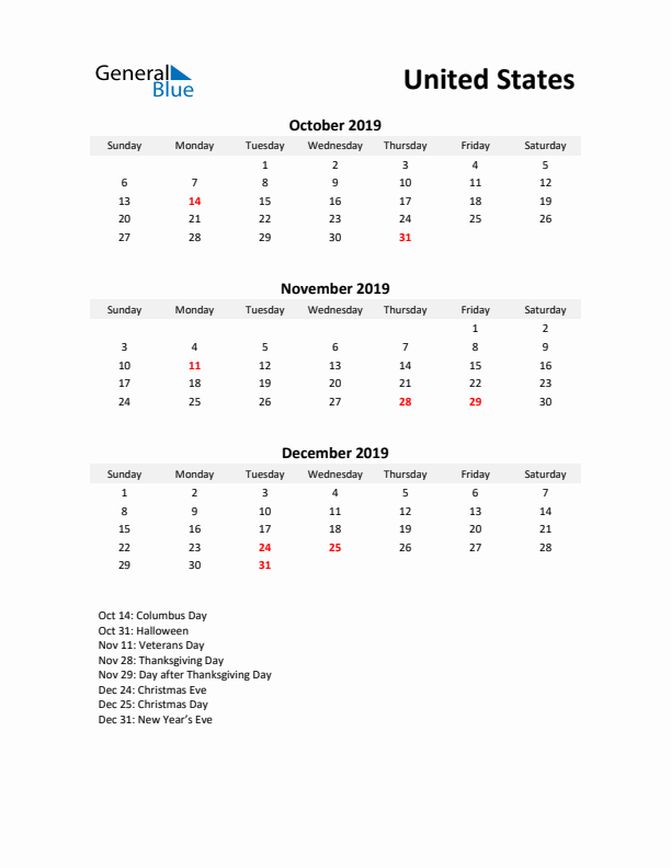 Printable Quarterly Calendar with Notes and United States Holidays- Q4 of 2019