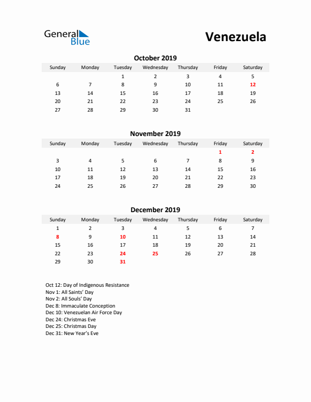 Printable Quarterly Calendar with Notes and Venezuela Holidays- Q4 of 2019