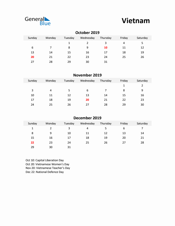 Printable Quarterly Calendar with Notes and Vietnam Holidays- Q4 of 2019