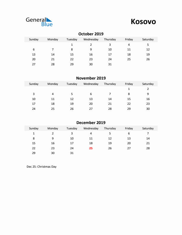 Printable Quarterly Calendar with Notes and Kosovo Holidays- Q4 of 2019