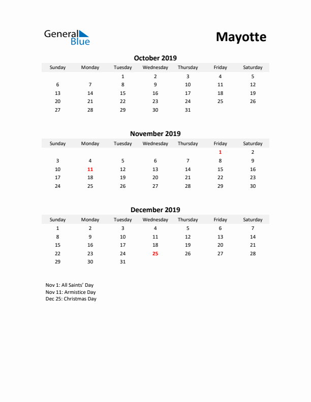 Printable Quarterly Calendar with Notes and Mayotte Holidays- Q4 of 2019