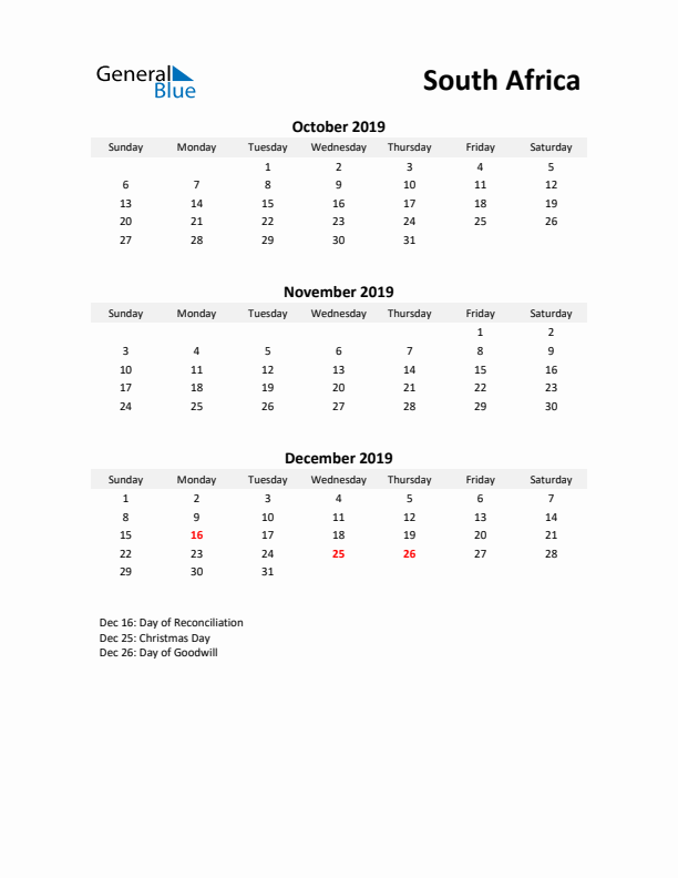 Printable Quarterly Calendar with Notes and South Africa Holidays- Q4 of 2019