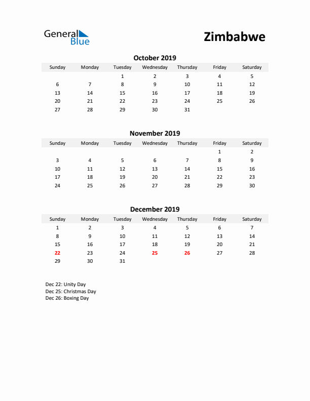 Printable Quarterly Calendar with Notes and Zimbabwe Holidays- Q4 of 2019