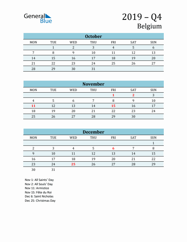 Three-Month Planner for Q4 2019 with Holidays - Belgium