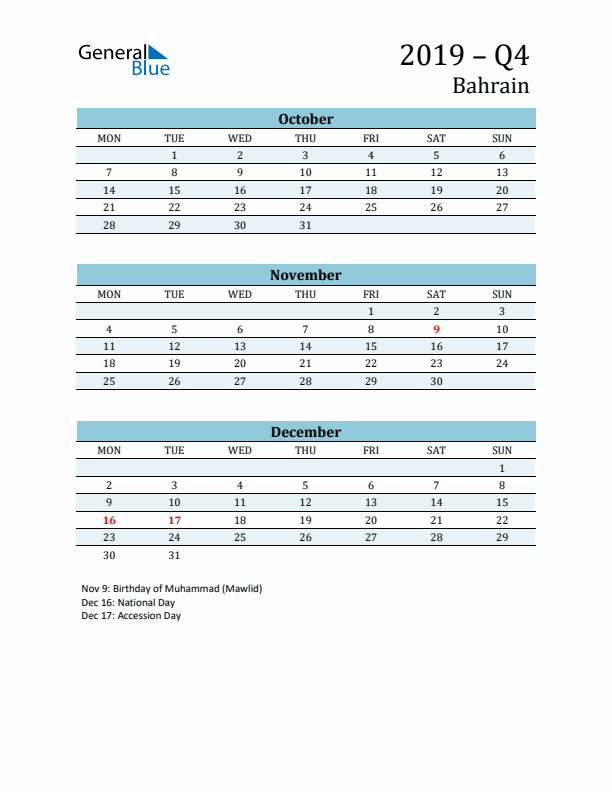 Three-Month Planner for Q4 2019 with Holidays - Bahrain