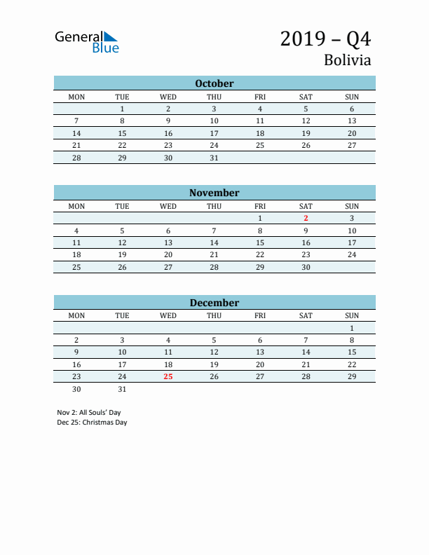 Three-Month Planner for Q4 2019 with Holidays - Bolivia