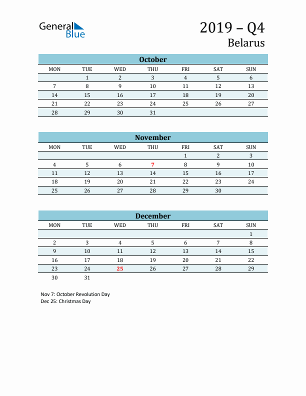 Three-Month Planner for Q4 2019 with Holidays - Belarus