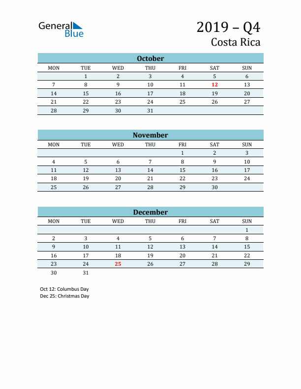 Three-Month Planner for Q4 2019 with Holidays - Costa Rica