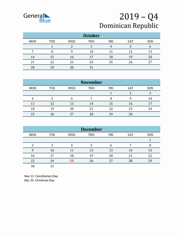 Three-Month Planner for Q4 2019 with Holidays - Dominican Republic