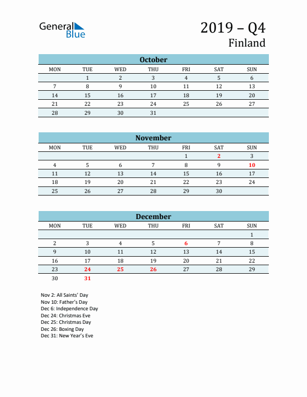 Three-Month Planner for Q4 2019 with Holidays - Finland