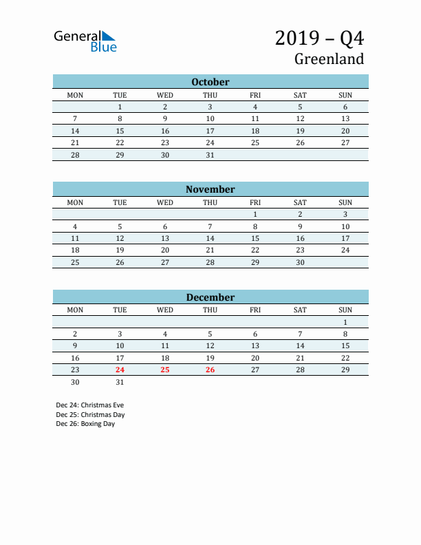 Three-Month Planner for Q4 2019 with Holidays - Greenland