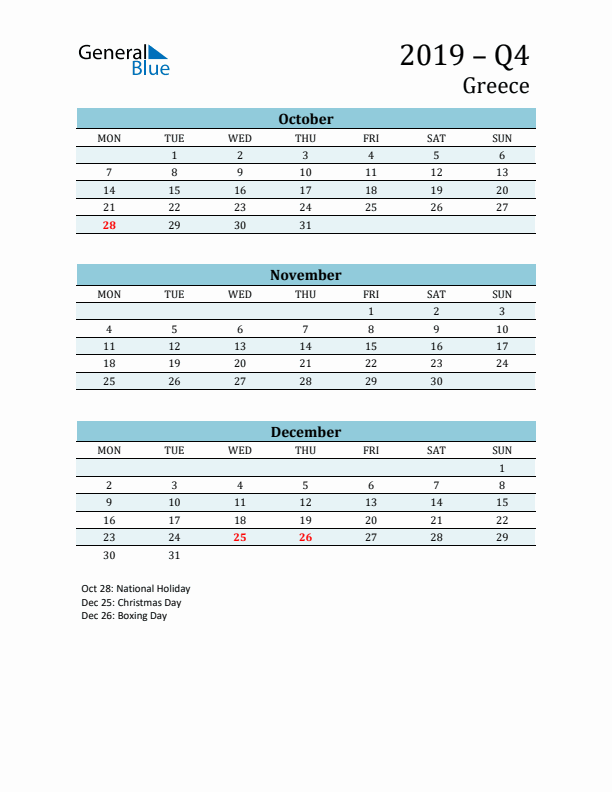 Three-Month Planner for Q4 2019 with Holidays - Greece