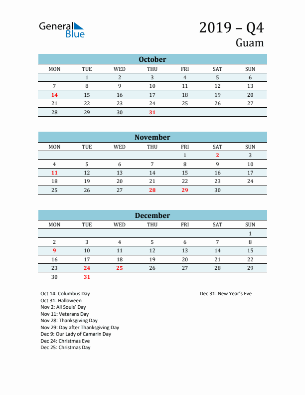 Three-Month Planner for Q4 2019 with Holidays - Guam