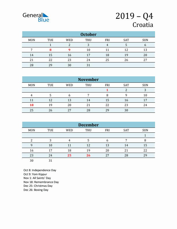 Three-Month Planner for Q4 2019 with Holidays - Croatia