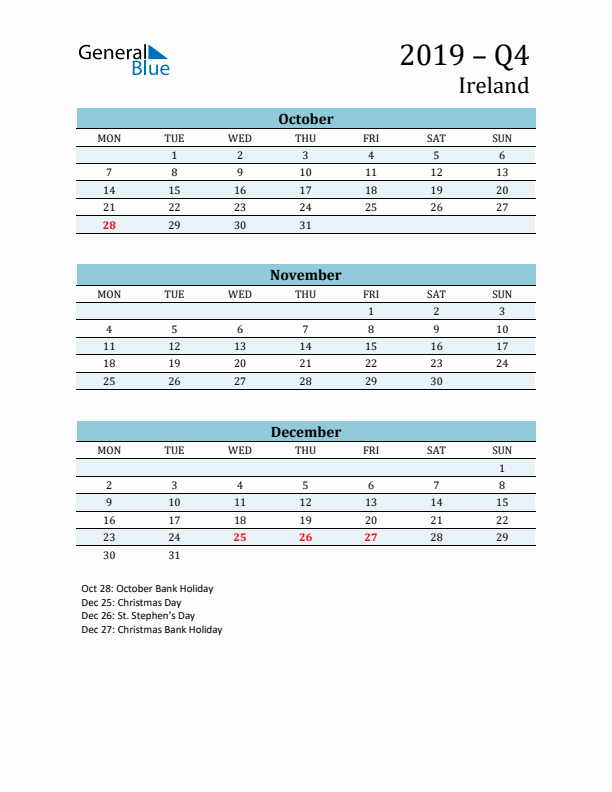 Three-Month Planner for Q4 2019 with Holidays - Ireland