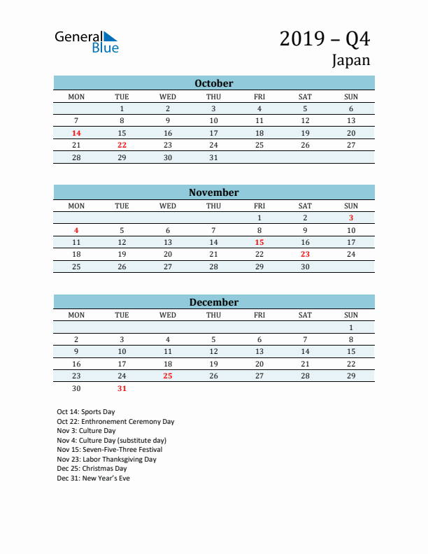 Three-Month Planner for Q4 2019 with Holidays - Japan