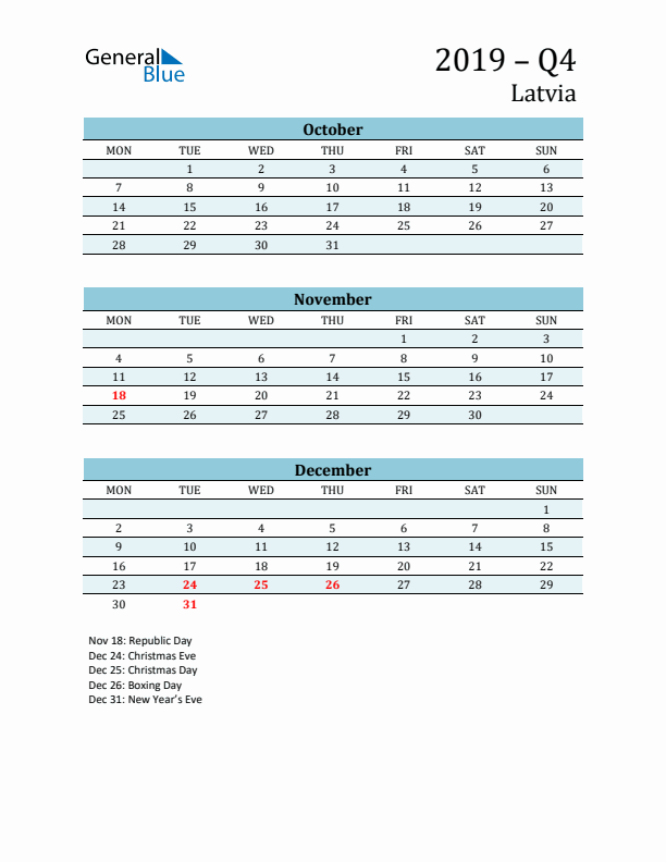 Three-Month Planner for Q4 2019 with Holidays - Latvia