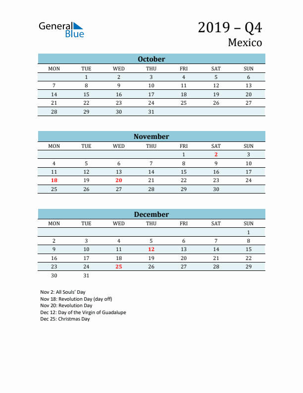 Three-Month Planner for Q4 2019 with Holidays - Mexico