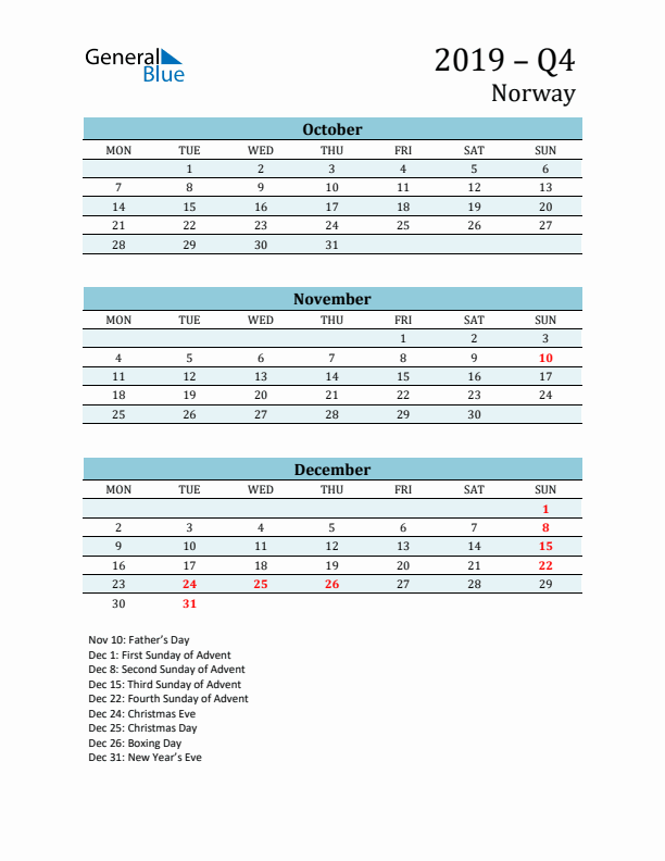 Three-Month Planner for Q4 2019 with Holidays - Norway