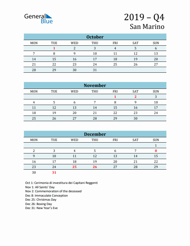 Three-Month Planner for Q4 2019 with Holidays - San Marino