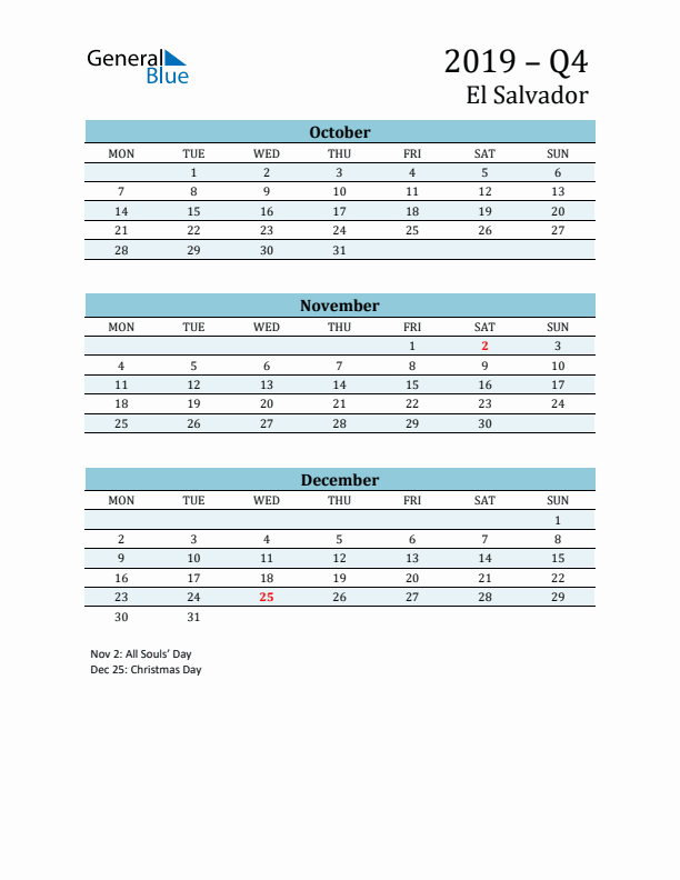 Three-Month Planner for Q4 2019 with Holidays - El Salvador