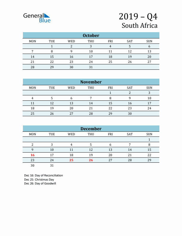 Three-Month Planner for Q4 2019 with Holidays - South Africa