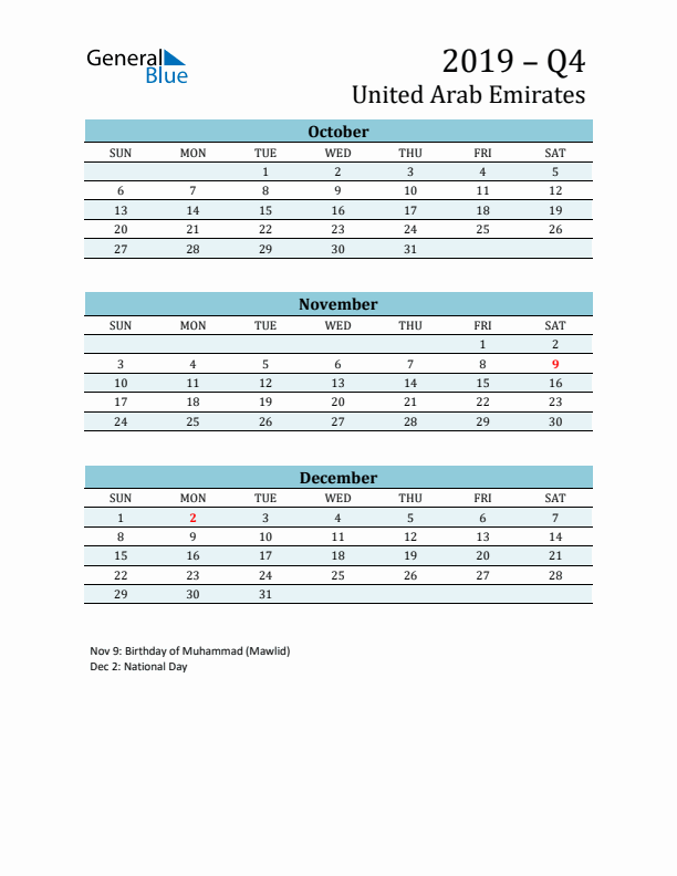 Three-Month Planner for Q4 2019 with Holidays - United Arab Emirates