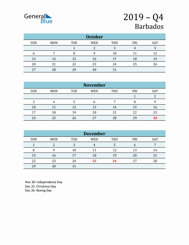 Three-Month Planner for Q4 2019 with Holidays - Barbados