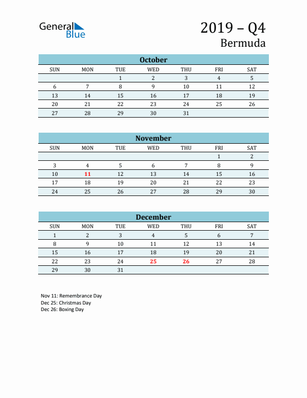 Three-Month Planner for Q4 2019 with Holidays - Bermuda