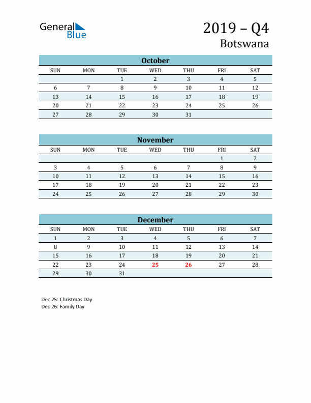 Three-Month Planner for Q4 2019 with Holidays - Botswana