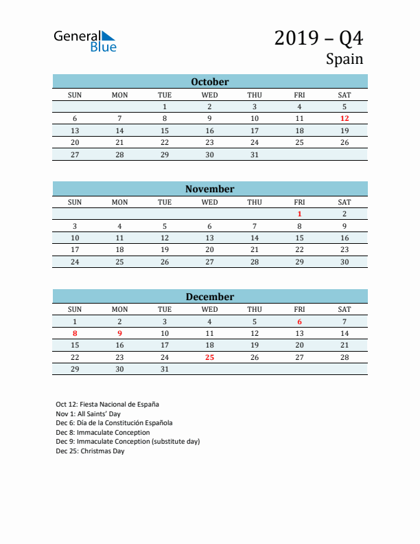 Three-Month Planner for Q4 2019 with Holidays - Spain