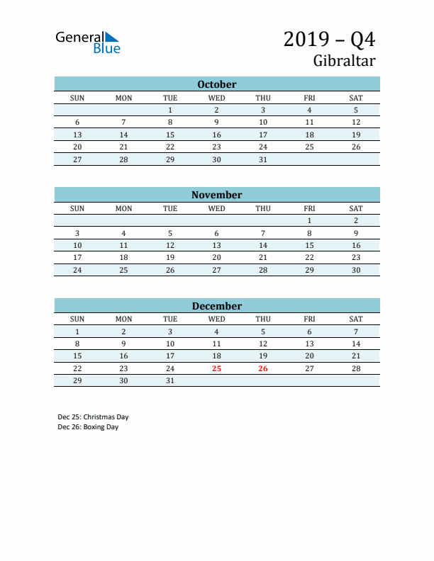 Three-Month Planner for Q4 2019 with Holidays - Gibraltar