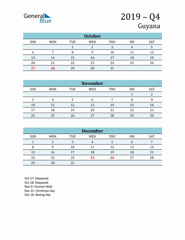 Three-Month Planner for Q4 2019 with Holidays - Guyana