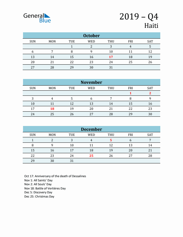 Three-Month Planner for Q4 2019 with Holidays - Haiti