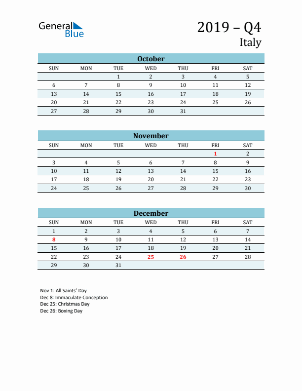 Three-Month Planner for Q4 2019 with Holidays - Italy