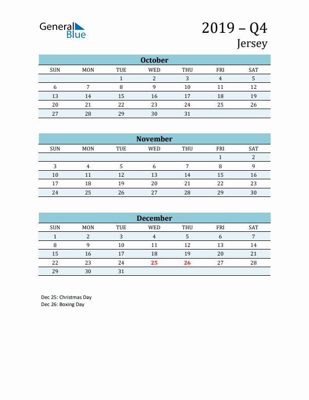 Three-Month Planner for Q4 2019 with Holidays - Jersey