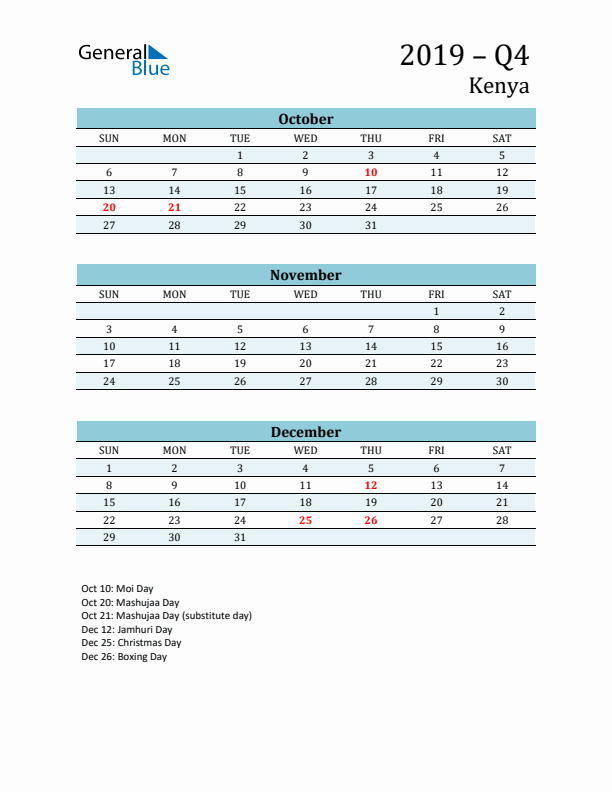 Three-Month Planner for Q4 2019 with Holidays - Kenya