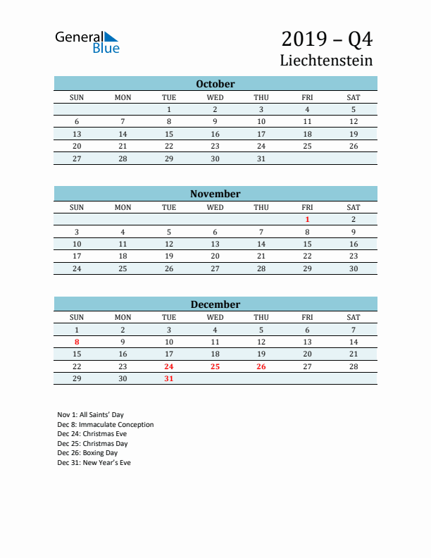 Three-Month Planner for Q4 2019 with Holidays - Liechtenstein